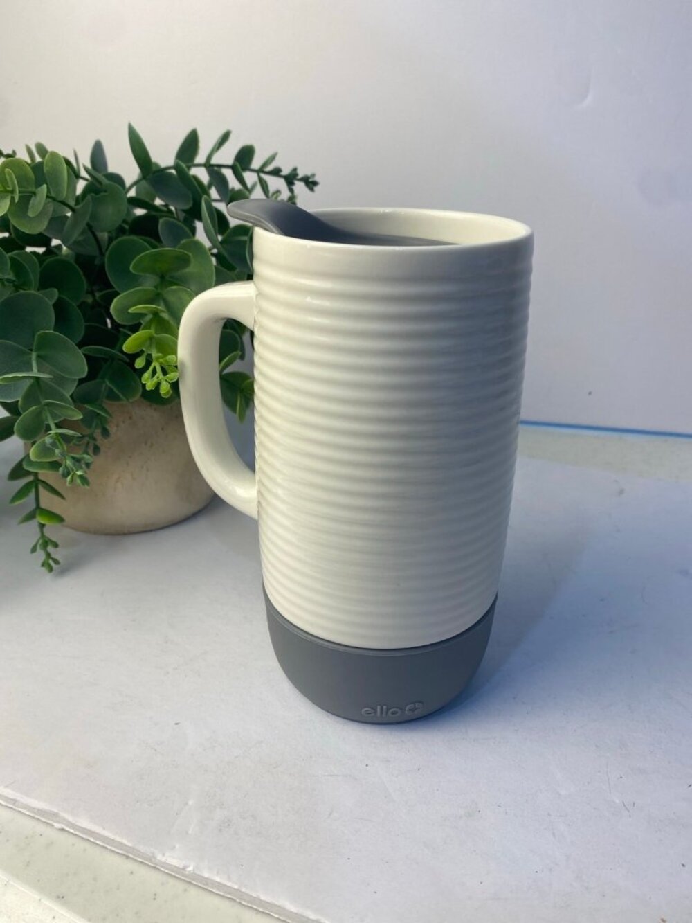 Ello Ceramic 18 oz Travel Mug with Handle Grey Silicone Bottom